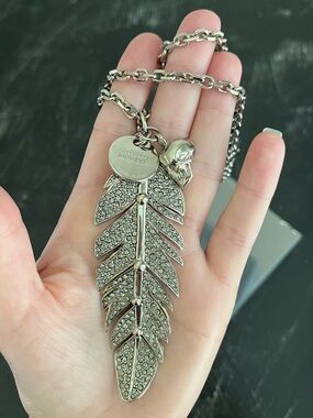 Alexander McQueen Antique Silver Pave Crystal Feather Necklace